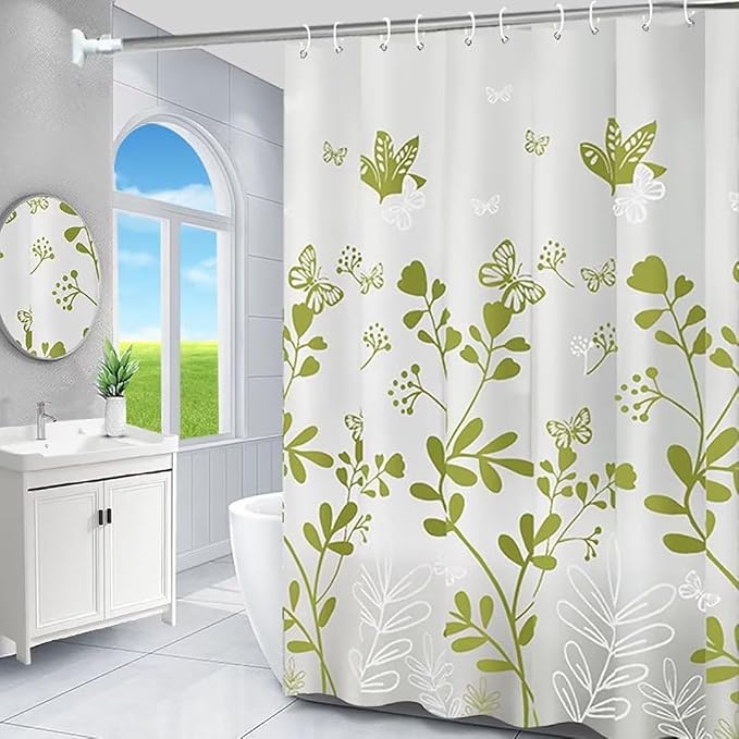 TIKABC Shower Curtain Liner, 4G PEVA Green Butterfly Shower Liner, Plastic Waterproof Shower Curtains, 72x72 inch with Grommet Holes 3 Magnetic Weights