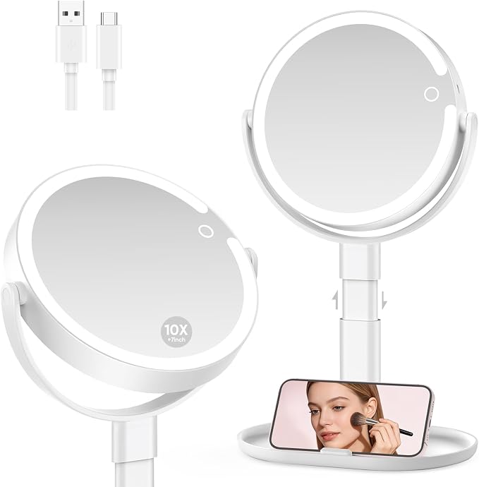 Rechargeable Lighted Makeup Mirror, 10X Magnification, 7 Inch | 3 Adjustable Light Colors, Rechargeable Cordless Design, Adjustable Height, Storage Base with Phone Holder,Touch Control