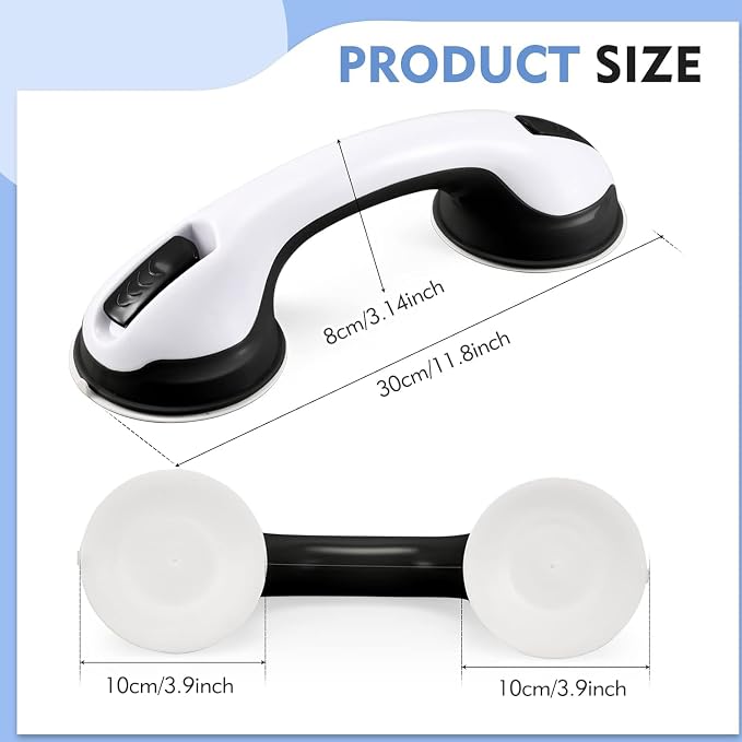 KVANT Grab Bars for Shower, 12 Inch Shower Handle for Seniors, 2 Pack Black | Strong Suction Cup, for Elderly, Handicap, Bathroom Wall, No Drill, Waterproof, Anti-Slip, Removable