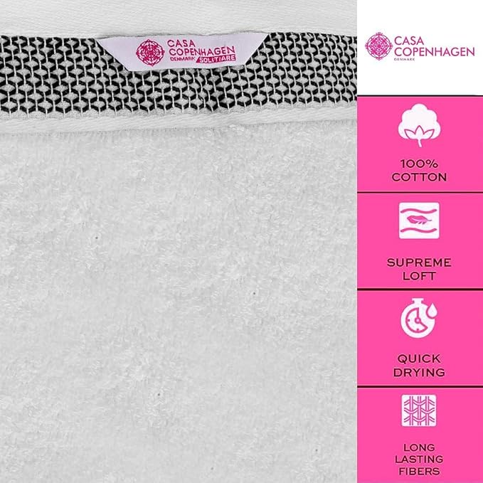 CASA COPENHAGEN Solitaire 2 Piece Bath Sheet Towel Set- White, 600 GSM Designed in Denmark Made of Soft Egyptian Cotton for Bathroom, Kitchen & Shower