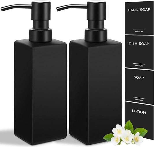 GMISUN Black Soap Dispenser, Hand Soap Dispenser Bathroom, 12oz Glass Soap Dispenser with Stainless Steel Pump, Liquid Dish Soap Dispenser for Kitchen, Modern Bathroom/Kitchen Soap Dispenser Set