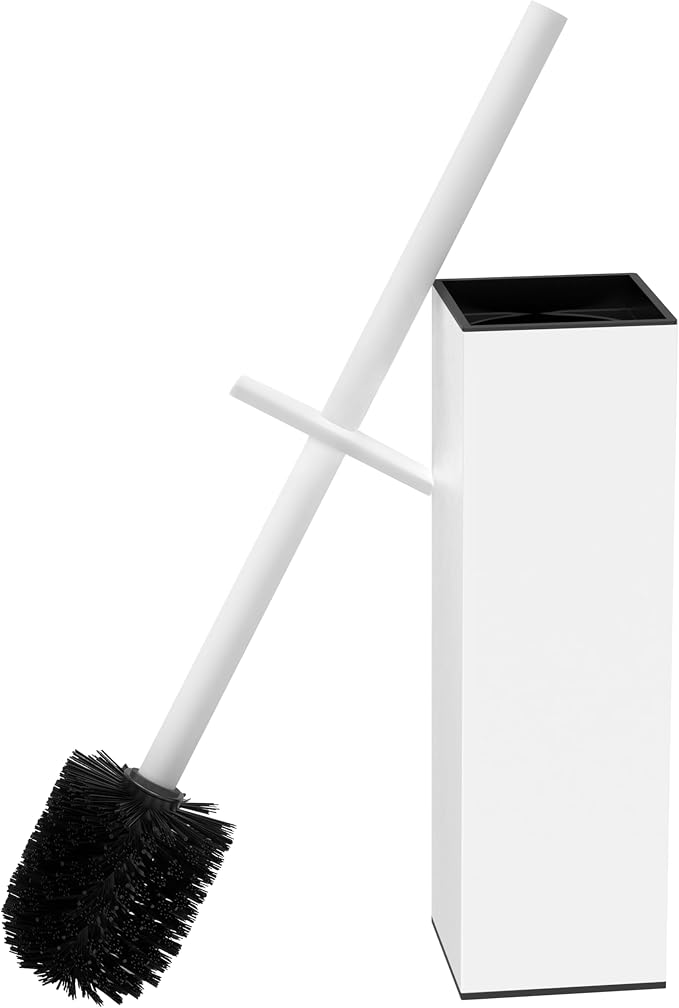 RUACQ Toilet Brush and Holder Set, Square, White | SUS304 Stainless Steel Handle, Toilet Cleaner Brush with Durable Scrubbing Bristles, Splash-Proof