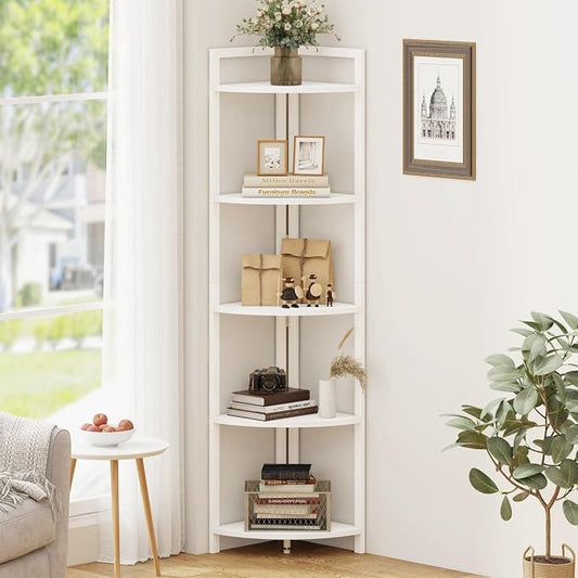 Tall Corner Shelf, 5 Tier Modern Corner Bookshelf Stand, Wood and Metal Corner Plant Bookcase for Living Room, Home Office (White Oak)