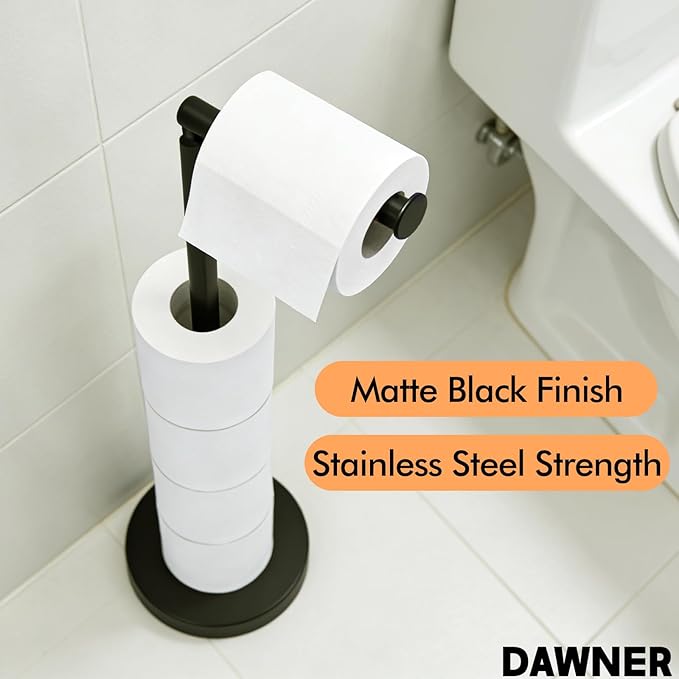 DAWNER 24" Black Toilet Paper Holder Free Standing, Stainless Steel Rustproof Toilet Paper Stand with Storage, Stable Heavy Weighted Flat Base for Apartment, Bathroom, Kitchen, Matte Black Finish