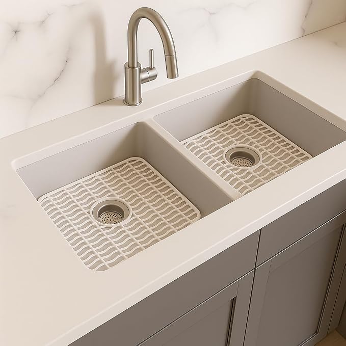 Dependable Industries Inc. Essentials 2 Pack Plastic Sink Protector Mat with Center Drain Cutout Protect Sink and Glasses and Dishes from Scratches and Breaks 12" x 11" Off White (Off White)