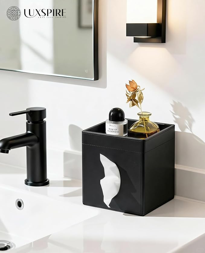 Luxspire Square Tissue Box Cover, Leather Holder with Storage Tray, Black | PU Leather Material, Includes Storage Tray, For Living Room, Bedroom, Stylish Addition, Durable and Waterproof, Easy to Clean