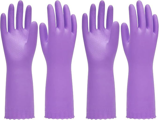 2 Pairs Dishwashing Gloves, Cotton Flocked Liner, Purple, Large | Waterproof dishwashing gloves with non-slip grip, Latex-Free, flexible fit for kitchen, bathroom, laundry & cleaning