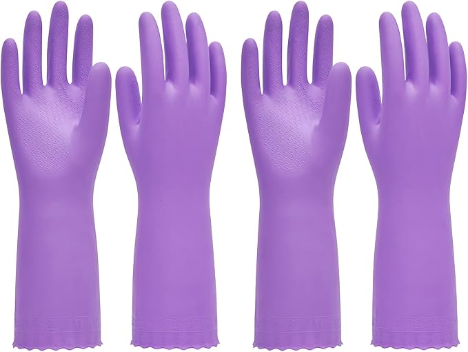 2 Pairs Dishwashing Gloves, Cotton Flocked Liner, Purple, Small | Waterproof dishwashing gloves with non-slip grip, Latex-Free, flexible fit for kitchen, bathroom, laundry & cleaning