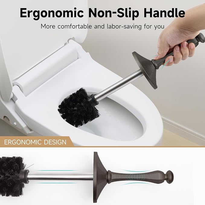 Pewter Toilet Brush and Holder，Extra Long Handled Toilet Brush for Bathroom，Stainless Steel Heavy Duty Toilet Bowl Brush,Deep Cleaning Modern Toilet Cleaner Brush -Space Saving, Covered Brush
