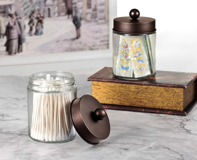 Amolliar Glass Apothecary Jar Qtip Holder Metal Lids 4pc/Bronze | Bathroom Decor Countertop Vanity Storage Organizer Set for q tip holder,Cotton Swabs/Rounds,Makeup Sponges,Cute Stickers