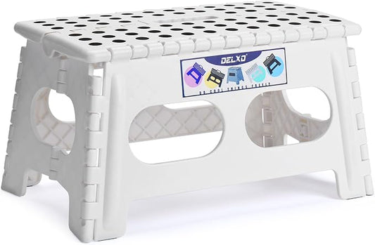 Delxo Folding Step Stool 9 inch,300Lbs Extra Wide Step Stool for Kids | Foldable Step Stool,15-Inch Extra Wide Non-Slip Foot Stools with Handle,Lightweight for Kitchen,Bathroom,Bedroom,Garden White