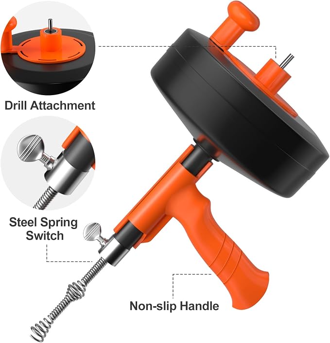 35ft Drain Snake Auger, Plumbing Snake With Drill Adapter, Heavy Duty Flexible Sink Steel Plumbing Auger Bathroom Hair Clog Removal Tool, Manual Or Powered - No auto retract or feed