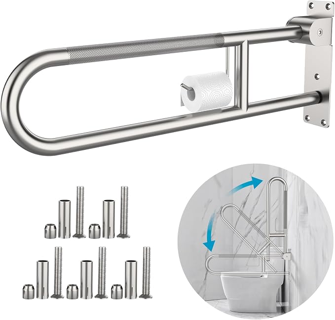 Toilet Grab Bar 30.3 Inch, Munzong Anti-Slip Handicap Grab Bars with Paper Holder, Flip-Up Bathroom Toilet Safety Rails, Stainless Steel Knurled Support handrails for Seniors Elderly Disabled Pregnant | Anti-Slip Bathroom Toilet Safety Rails Stainless ...