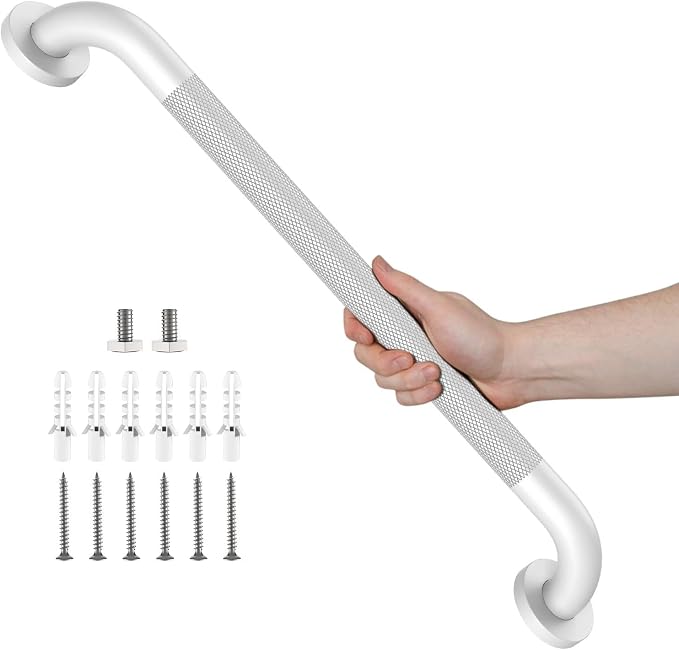 White Grab Bar 24 Inch, Grab Bar for Bathtub and Shower | Anti-Slip Knurled Grip, Stainless Steel, Bathroom Assist Handle Handrail, Handicap Support Bars for Toilet, 1.25" Diameter