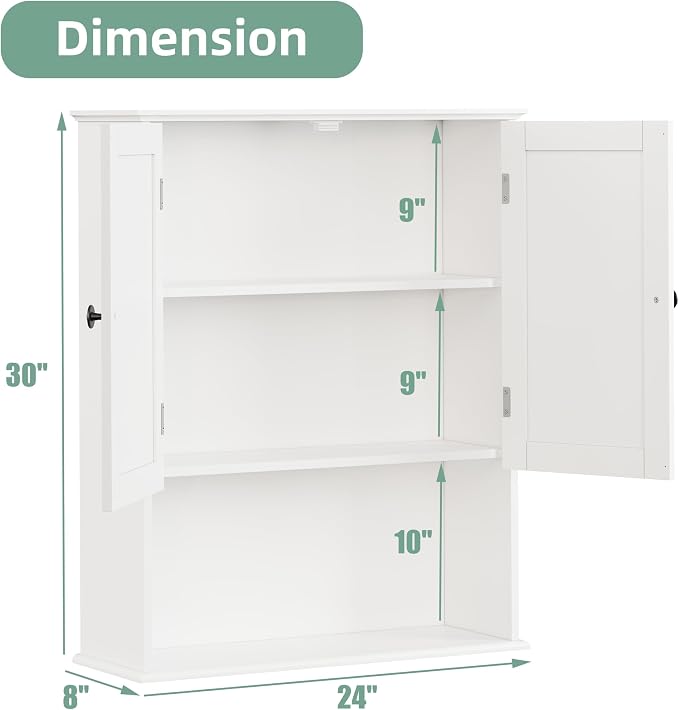 Bathroom Wall Cabinet, 30" x 24" White Painted Finish Wooden Wall Mounted Medicine Cabinet with 3 Level Adjustable Shelf, Over the Toilet Storage Cabinet, Wall Storage Cabinet for Bathroom