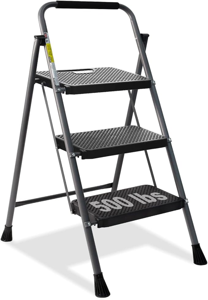 GOLYTON 3 Step Ladder,Step Stools for Adults, 500lbs Capacity | Step Stool Foldable, Steel Ladder for Household and Office, Grey