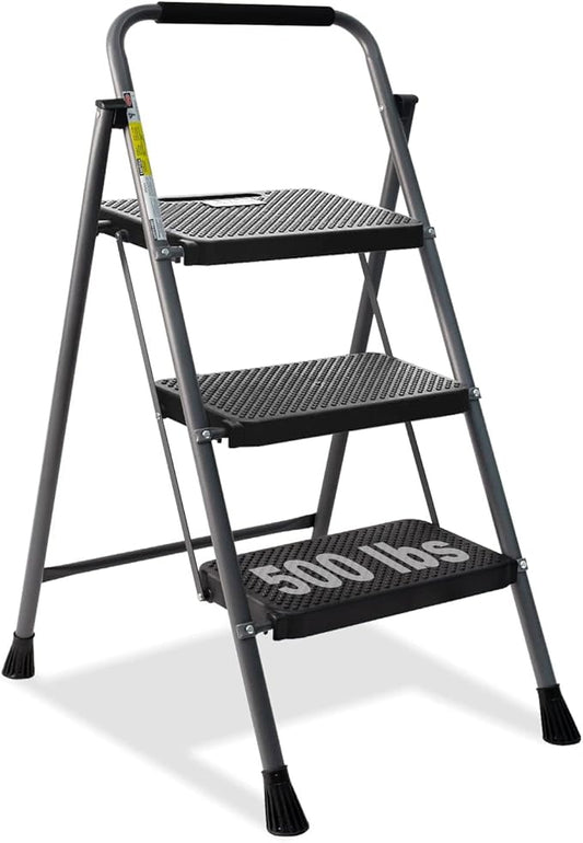 GOLYTON 3 Step Ladder,Step Stools for Adults, 500lbs Capacity | Step Stool Foldable, Steel Ladder for Household and Office, Grey