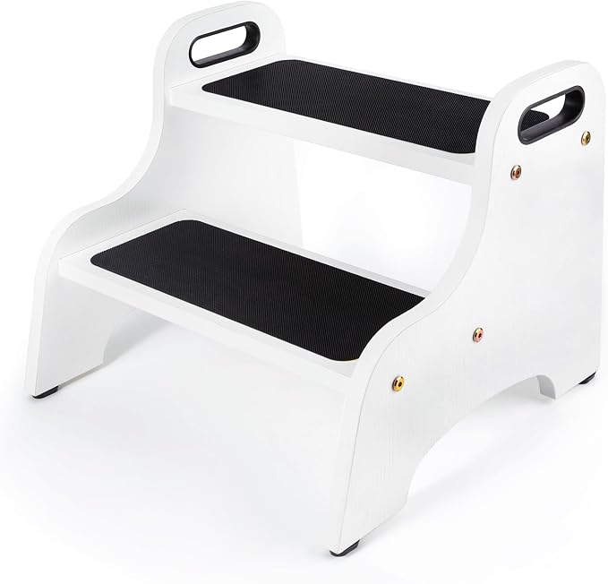 StrongTek Wooden 2 Step Stool, 350 lb Capacity, Non-Slip, White | Wide Non-Slip Surface, Portable Handles, Stable Support for Sink, Potty Training, Kitchen, Bathroom and Bedside
