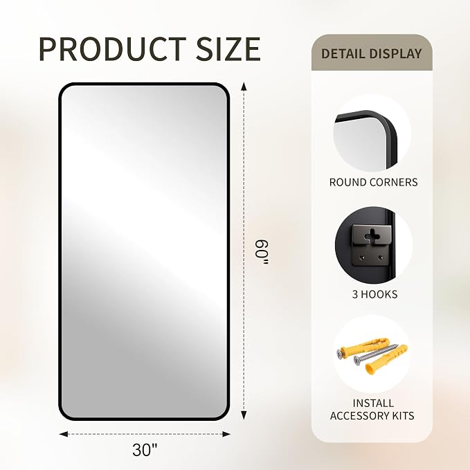 FICTOR Bathroom Mirror for Over Sink, 30"x60" Vanity Mirror for Wall, Black | Shatterproof Tempered Glass, Anti-Rust Frame, Vertical/Horizontal Mounting, Wall Mirror for Bedroom, Living Room, Entryway