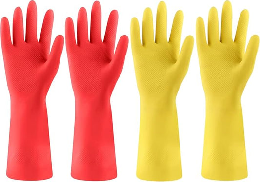 Rubber Kitchen Dishwashing Gloves - 4 Pairs Colorful Reusable Cleaning Gloves for Kitchen Washing Dishes and Household Cleaning(XL, Yellow+Red)