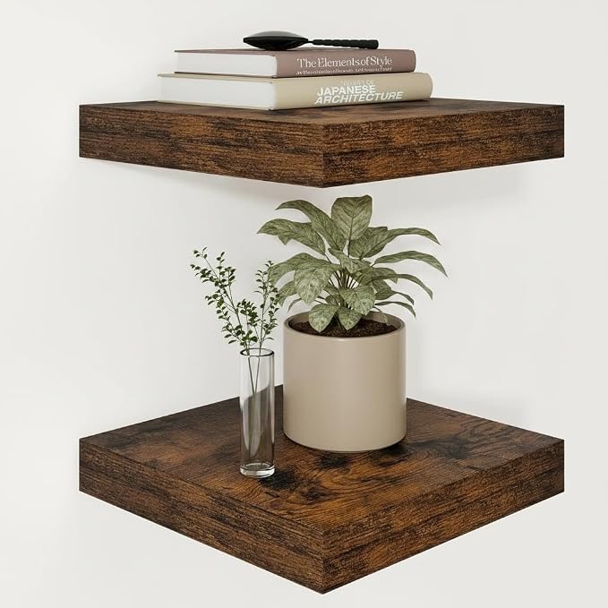 Vivelove Square Floating Shelves 12x12” Set of 2, Rustic Brown | Easy Install with Hardware, Invisible Brackets, No Sagging, Living Room Display Shelf, 2" Thick，Engineered Wood