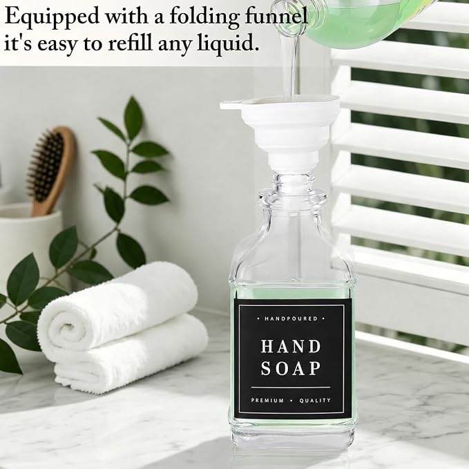 Kitchen Glass Soap Dispenser Set with Tray 2 with Silver Rust Proof Pump | 16.9oz Refillable Soap Dispenser for Hand, Dish with Waterproof Labels Residue Free, Luxury Decor for Bathroom Vanity, Clear