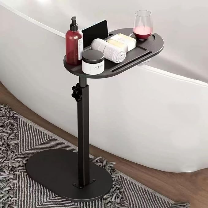 Bamboo Bathtub Tray Table with Adjustable Height,Freestanding Design for Spa,Bathtub, Bed, Sofa, Couch with Wine Glass Holder, Perfect for Luxury Bath Home Spa Gift（Black）