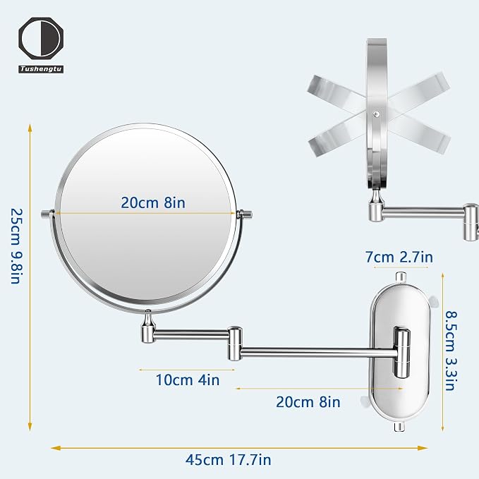 8“ Suction Cup Makeup Mirror Wall Mounted No Drilling, 1X/10X Magnifying Mirror Wall Mounted Makeup Mirror Swing Arm 360° Rotation, Wall Mount Powerful Suction Cup for Bathroom & Shaving Chrome