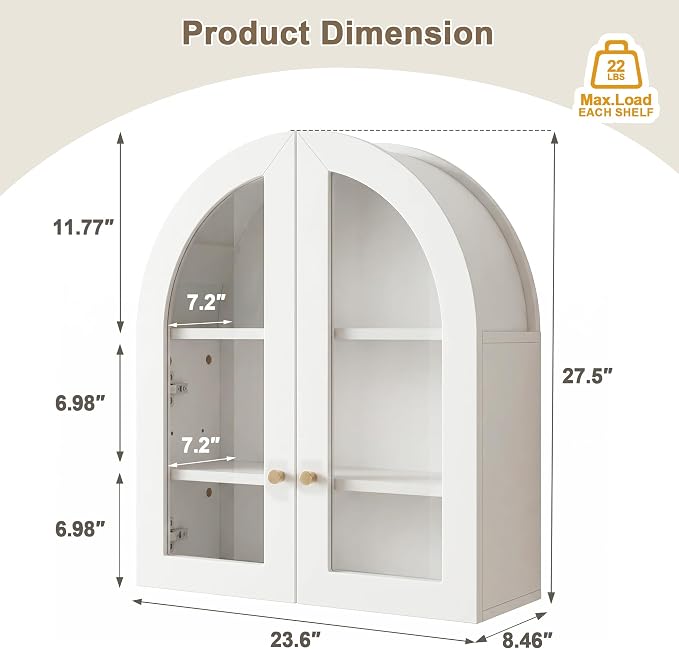 Arched Wall Cabinet, Bathroom Cabinet Wall Mount with Glass Doors & Adjustable Shelf, Floating Medicine Cabinet for Bathroom, Kitchen, Living Room Storage, White