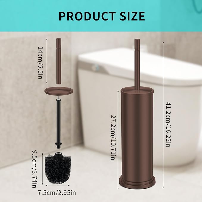 Stainless Steel Toilet Brush and Holder Set,Toilet Bowl Brush and Holder | Bronze Heavy Duty Toilet Brush for Bathroom with Long Handle,Removable Inner Bowl and Splash Protection,Deep Cleaning
