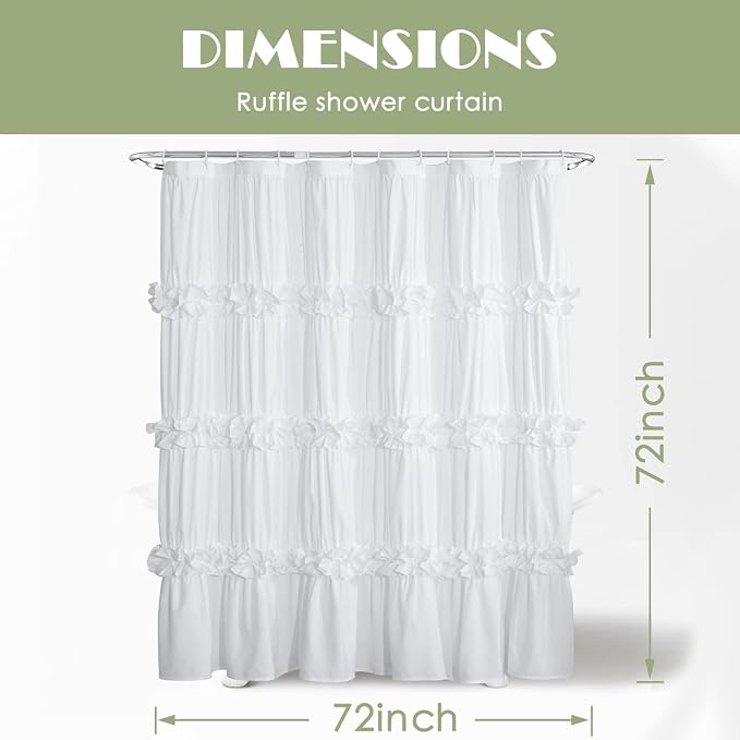Victorian Ruffle Shower Curtain, 72" W x 72" H, White | Vintage Handcrafted Bow Tie Bath Curtain for Master Bathroom, Ruched Microfiber Bathroom Curtain with 12 Buttonholes (LQ-10)
