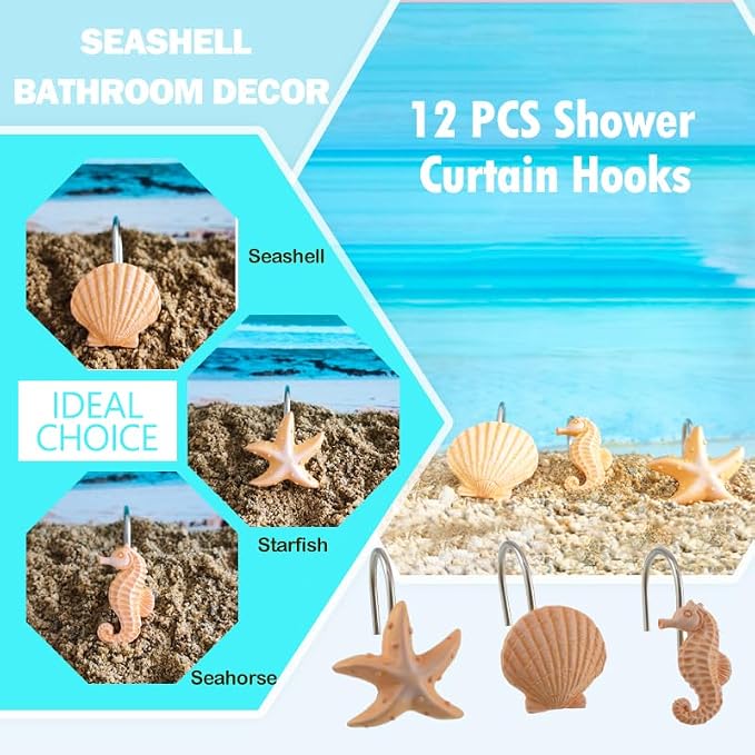 Seashell Shower Curtain Hooks 12pcs Beach Shower Curtain Rings Bath Shower Hooks Rust Proof Curtain Hangers Coastal Bathroom Accessories Decor