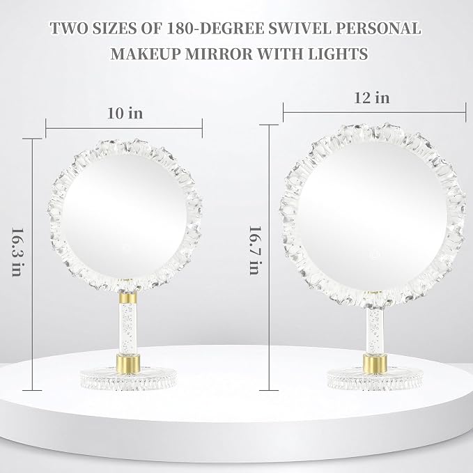 10-Inch Lighted Makeup Mirror, 3 Color Modes, Adjustable | Angle-Adjustable Vanity Mirror with 80 LED Lights; short press to change color temperature, long press for 0-100% dimming