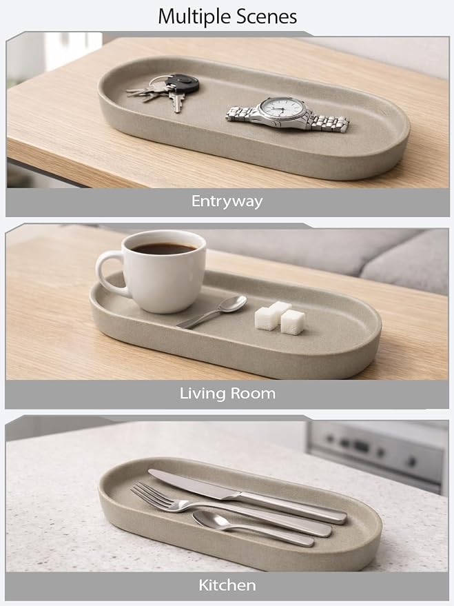 Matte Taupe Ceramic Bathroom Tray for Countertop, Minimalist Vanity Organizer Dish for Perfume, Jewelry & Soap, Oval Decorative Tray for Bathroom Sink, Dresser, Kitchen or Coffee Bar