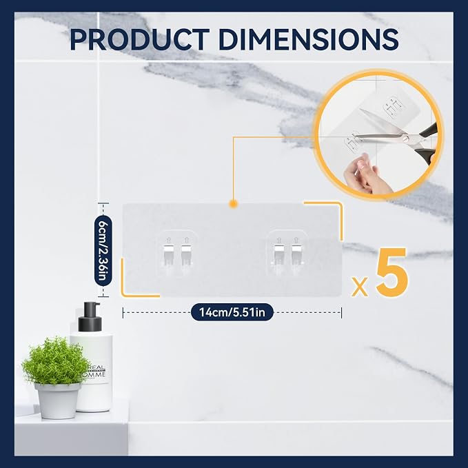 5-Pack Shower Caddy Adhesive Replacement - Transparent Shower Adhesive Strips, No Drilling Hooks for Bath Storage Shelves, Kitchen Racks, Basket & Soap Holder