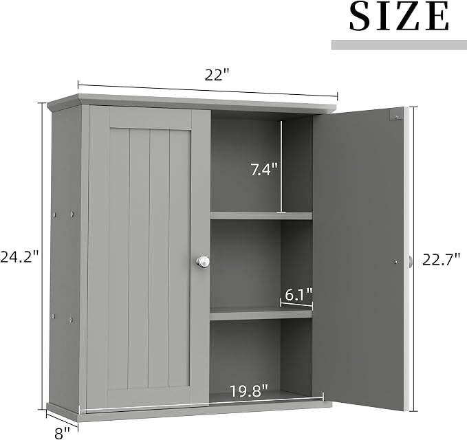 Shintenchi Bathroom Wall Medicine Cabinet, Over The Toilet Storage, Gray | Bathroom Storage Organizer Cupboard, with 2 Magnet Door and 3-Tier Shelves, Space Saving, Easy to Assemble & Clean