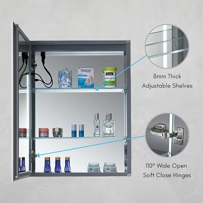 Blossom LED Lighted Bathroom Medicine Cabinet Mirror, Left Hinge, 20x26 | Bathroom Storage Cabinet, Medicine Cabinets Organizer, Vanity Mirror with Storage, Recessed/Surface Mount, Adjustable Shelves