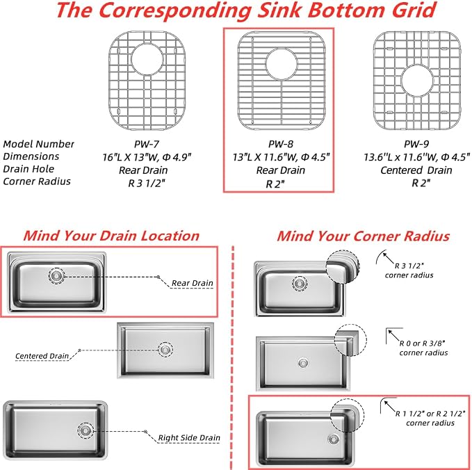 Slideep Sink Bottom Grid for Kitchen, Stainless Steel Sink Protector Metal Sink Grate with Rear Hole, 13"L x 11.6"W