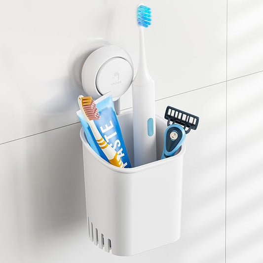 TAILI Suction Cup Toothbrush Holders for Bathroom Wall Mounted, White | Shower Toothbrush and Toothpaste Holder, Drill-Free 1S Installtion, Removable Powerful Suction Cup Organizer, Self-draining