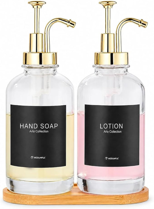 Glass Soap Dispenser Set 2 with Gold Leak-Proof Stainless Steel Pump 16.9oz | Bamboo Tray, Silicone Funnel, Refillable Kitchen Soap Dispenser with Residue Free Labels, Luxury Bathroom Decor