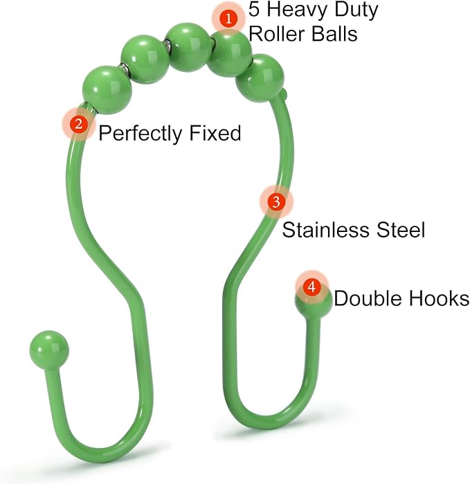 Shower Curtain Hooks, 12 Pcs Shower Curtain Rings, Stainless Steel Shower Curtain Hangers, Double Hook Shower Curtain Hooks, Smooth Sliding Anti-Drop Shower Rings for Curtain (Green)