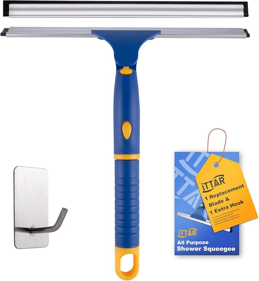 12 inch Rotatable Shower Squeegee for Glass Doors, Multi-Purpose Window Squeegee with Hook & Refill Rubber Blade, Bathroom Cleaner Tool for Shower Door Window Mirror Wall Car Windshield