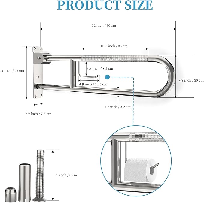 Folding Toilet Grab Bar 32 Inch Chrome, Munzong Anti-Slip Handicap Grab Bar | Flip-Up Bathroom Safety Rails Stainless Steel Knurled Support handrails for Seniors Elderly Disabled Pregnant