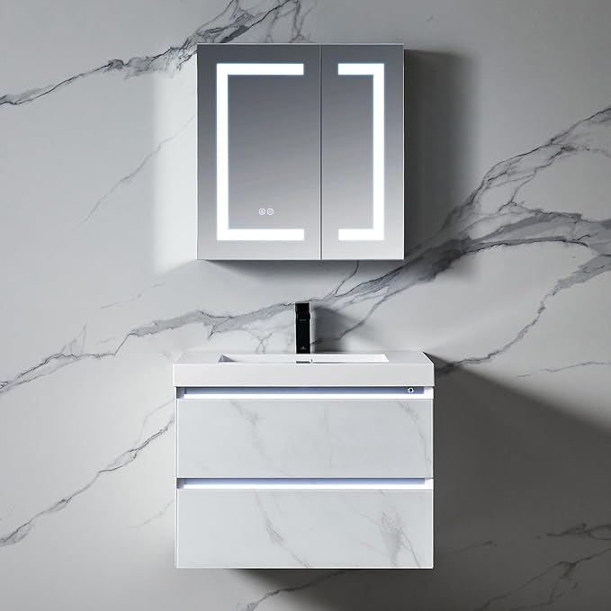 Blossom LED Medicine Cabinet Mirror for Bathroom 25x26 Inch, Recessed/Surface Mounted Lighted Medicine Cabinet with Mirror, Defogger, 3-Color Dimmer, Wall Mounted Storage Cabinet