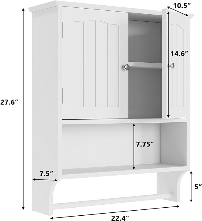 Bathroom Cabinet, White Bathroom Wall Cabinet with 2 Doors and Adjustable Shelf, Wall Mount, Towel Rack, Over The Toilet Storage Cabinet, Medicine Cabinet