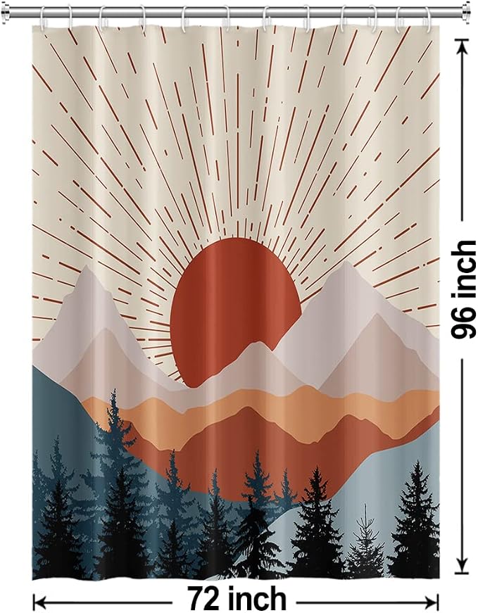 Boho Sunrise Shower Curtain with Hooks for Bathroom 72x96 Inch | Waterproof Abstract Terracotta Mountain Forest Shower Curtain Set, Soft Bathroom Decor, Machine Washable