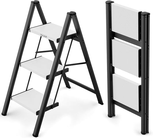 3 Step Foldable Step Stool, 300lbs Load, Black & White | Folded 35''H x 3''T; Net 9.9 lbs; Non-Slip Feet: Wood/Tile/Carpet; Rigid Aluminum Steps; No Assembly; Ready From Box.
