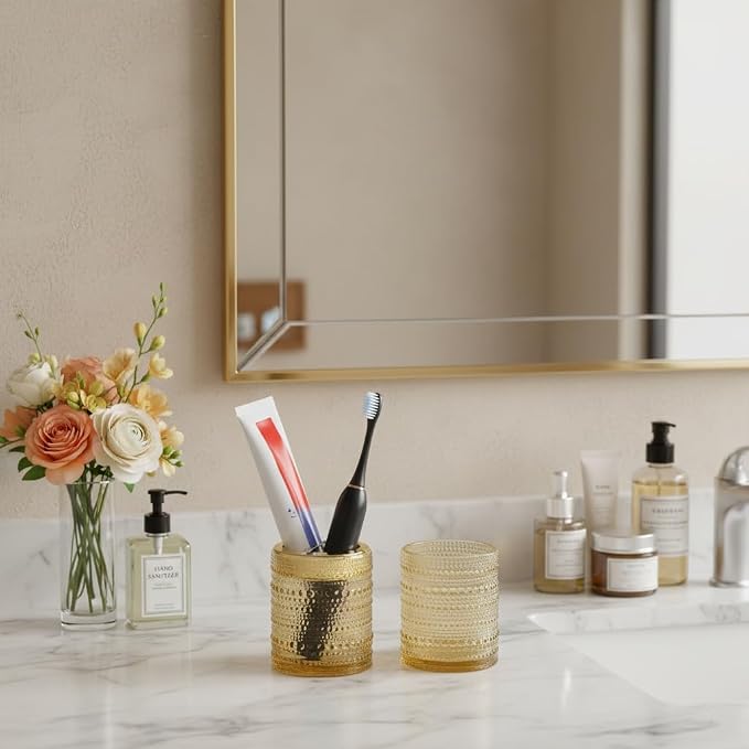 Amber Toothbrush Holders, 2pcs Glass Toothbrush Holder Set, 10oz Bathroom Tumbler Cup, Gold Tooth Brush Holder Storage Cup Organizer for Bathroom Accessories, Brushes,Toothpaste,Razor