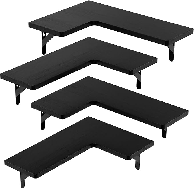 Amada Corner Floating Shelves, Paulownia Wood, Set of 4, Black | Corner Wall Shelves with Triangular Metal Bracket, 44 lbs Capacity per Shelf, L-Shaped Design for Home Decor, Kitchen Storage