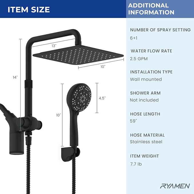 Upgraded Dual Shower Heads Combo, 10 inch Filtered Shower Head with Handheld, 3-Way Rain Shower Head with Filters, 7 Settings Handheld Spray, High Pressure, Height Adjustable (Black)